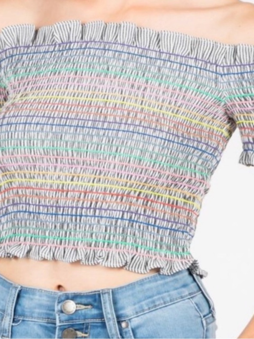 EUC WAYF Off-Shoulder Smocked Crop Top in Multi-Stripe Small